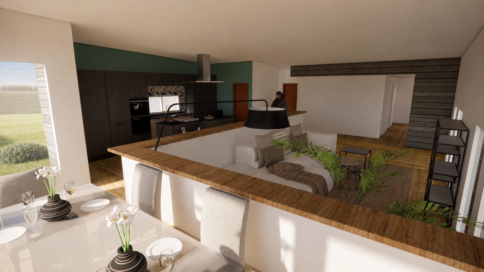 Comedor, estar y cocina integrados de A-M