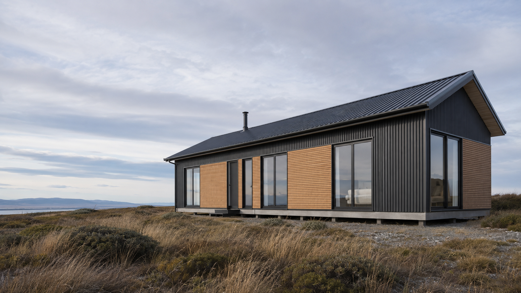 Modelo de vivienda contemporánea de un piso, con revestimiento oscuro y madera